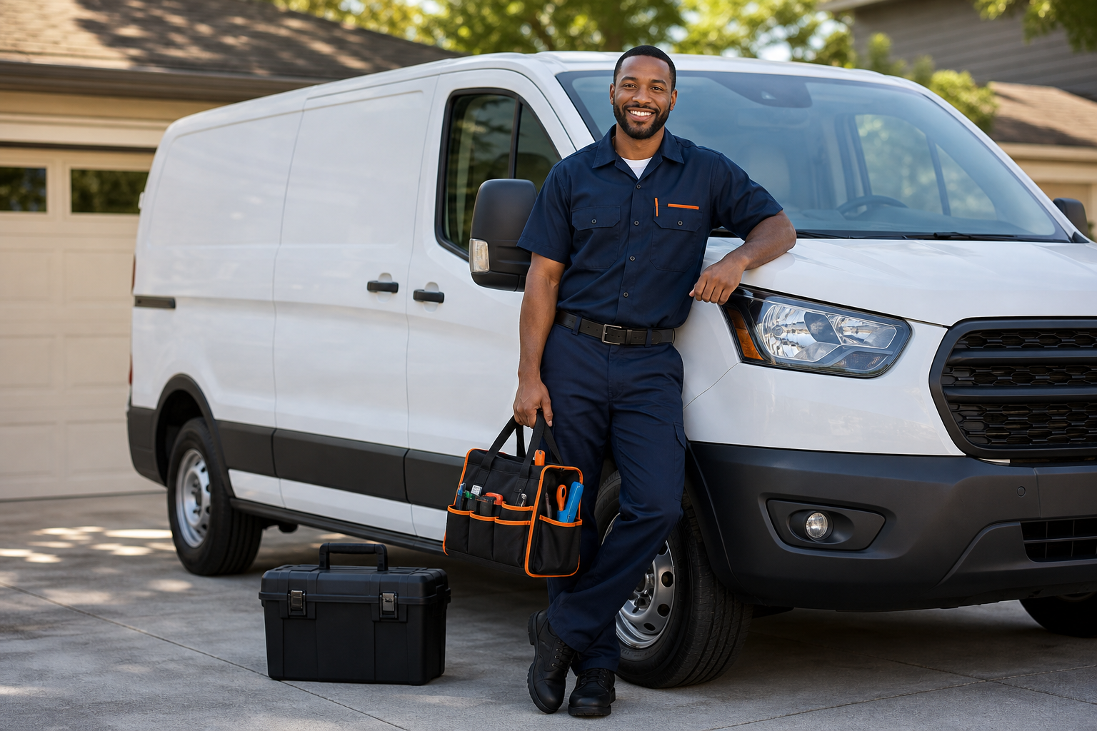 FeFe appliance repair technician leaning on a service van with tools