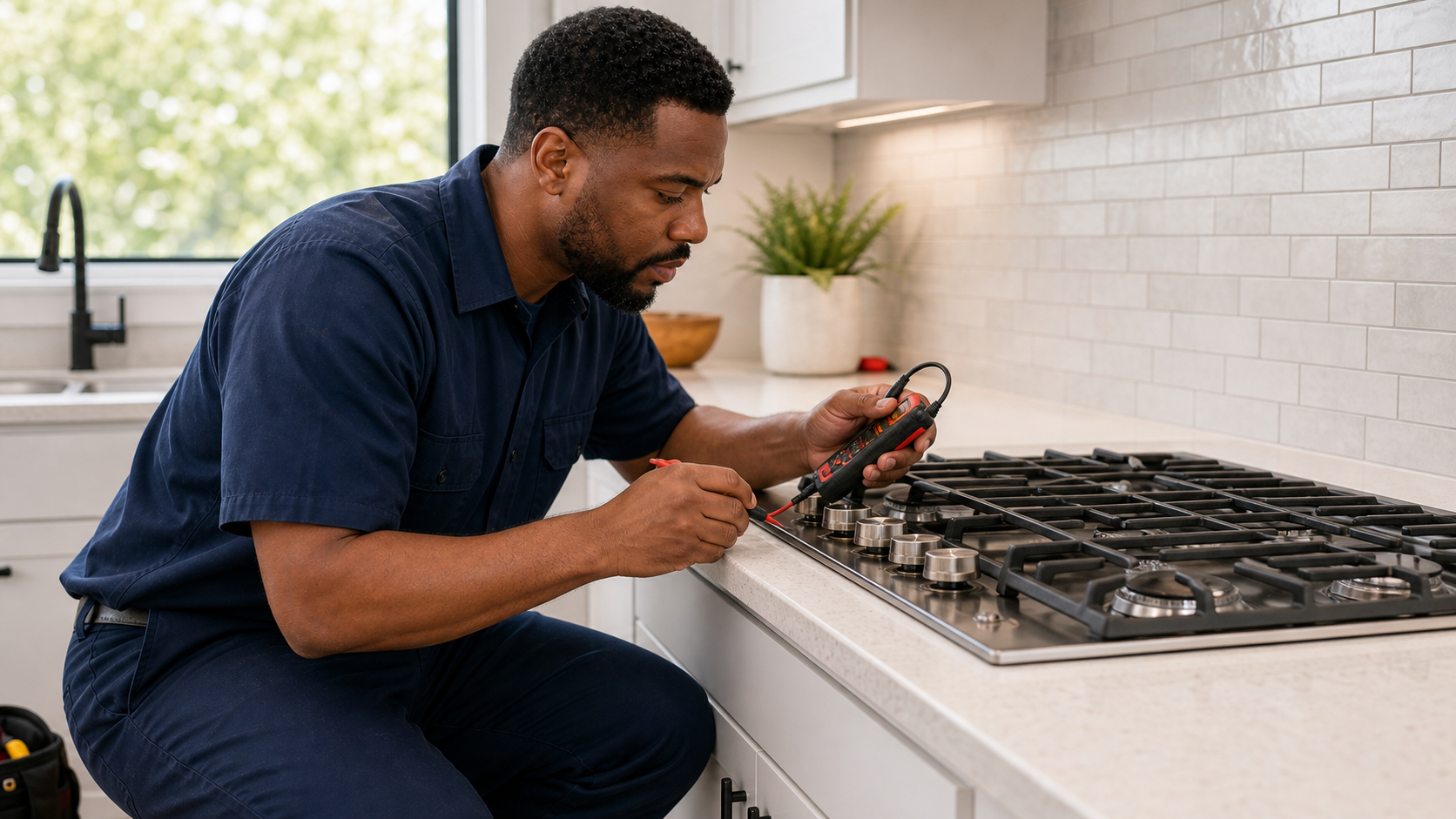 Technician servicing a modern kitchen cooktop