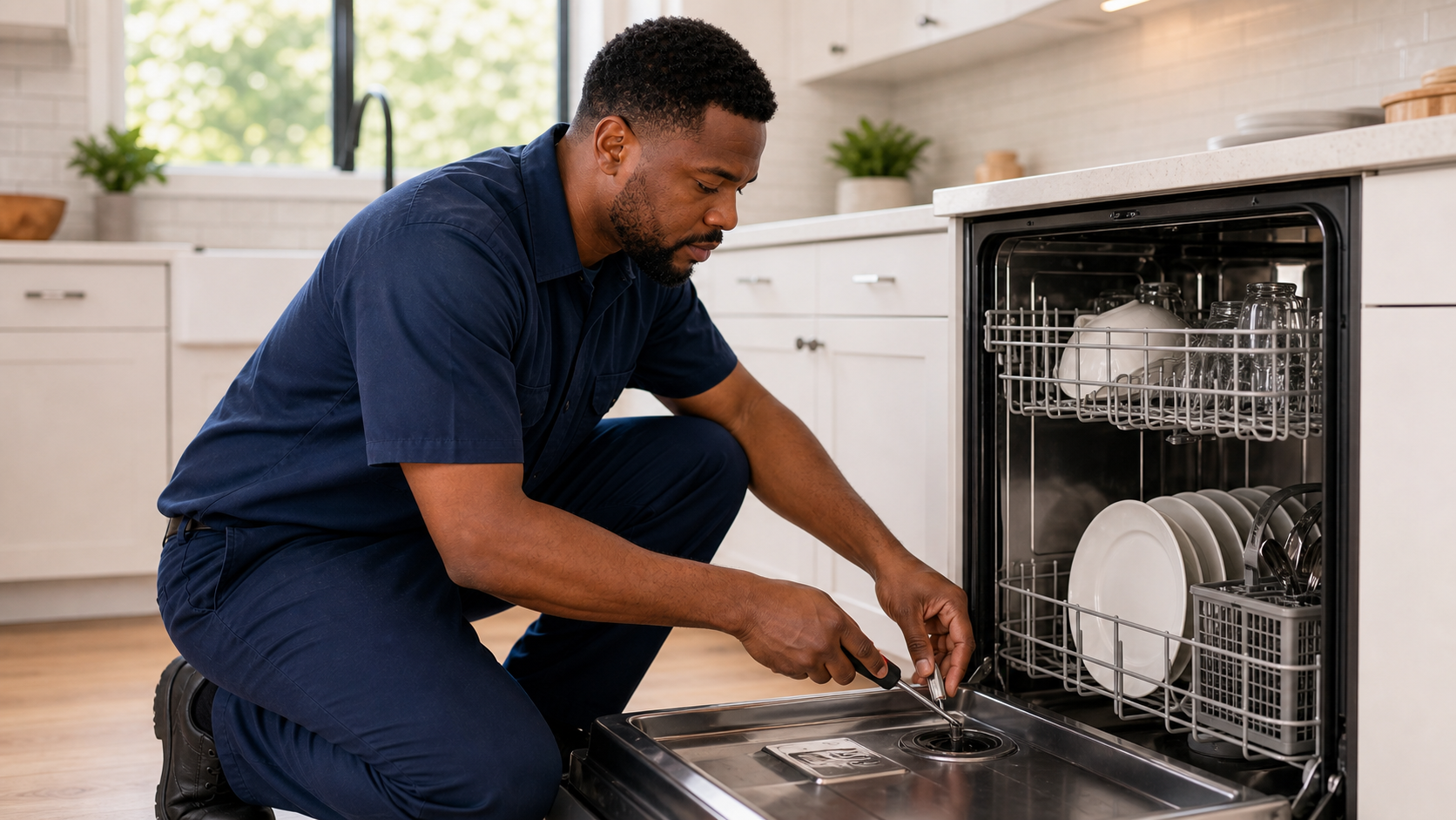 Technician servicing an open dishwasher in a kitchen