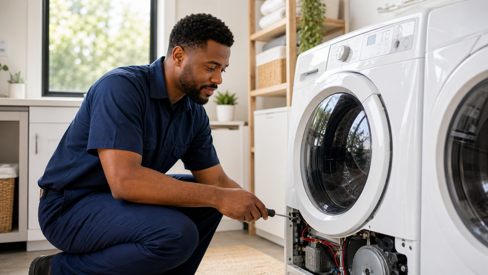 Technician servicing a front-load dryer in a laundry room