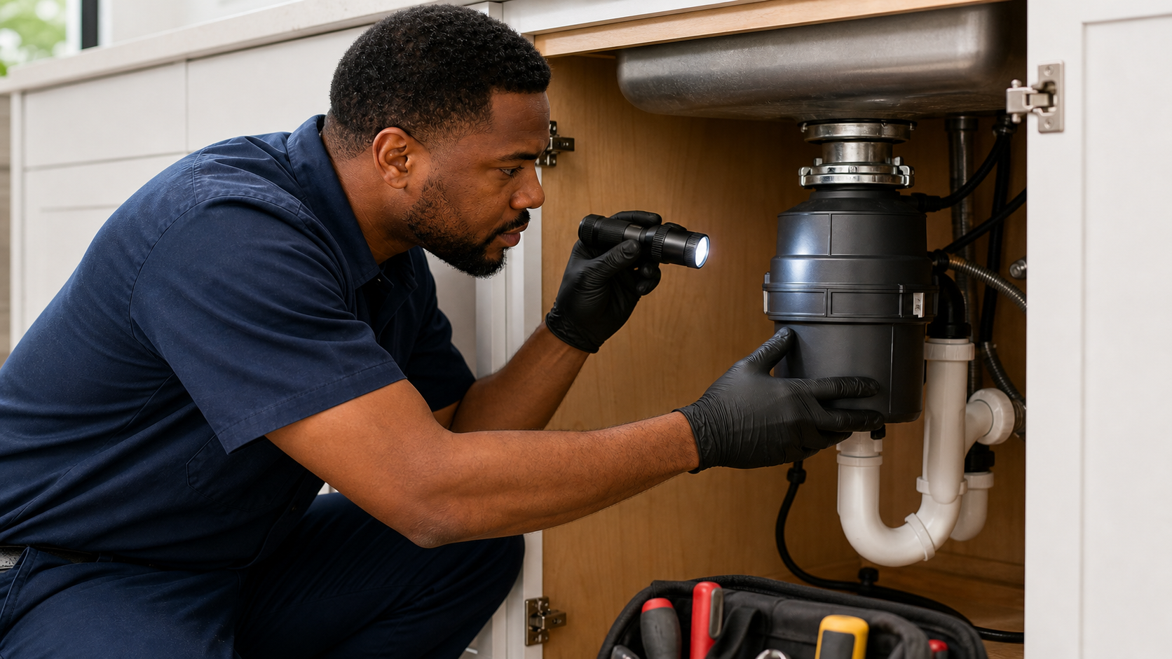 Technician inspecting a garbage disposal under a kitchen sink