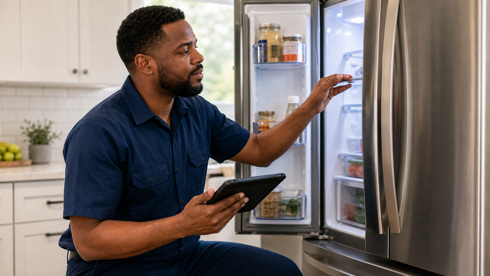 Technician inspecting a modern refrigerator in a bright kitchen